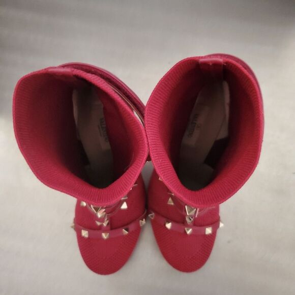 VALENTINO GARAVANI Knit Rockstud Bodytech Calfskin Sock Boot Heel Burgundy 39.5 - Picture 8 of 11